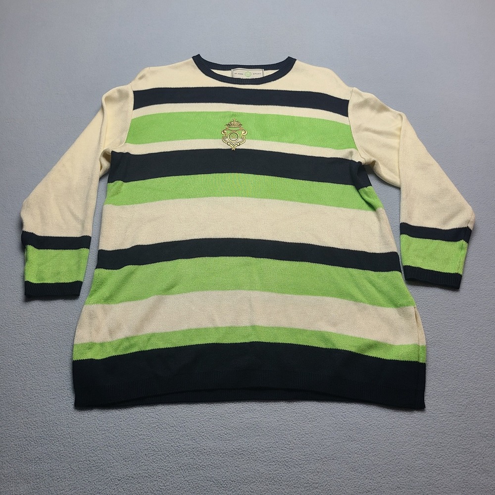 St. John Sport Striped Sweater Womens P Green Navy Excellent Crest Knit Top